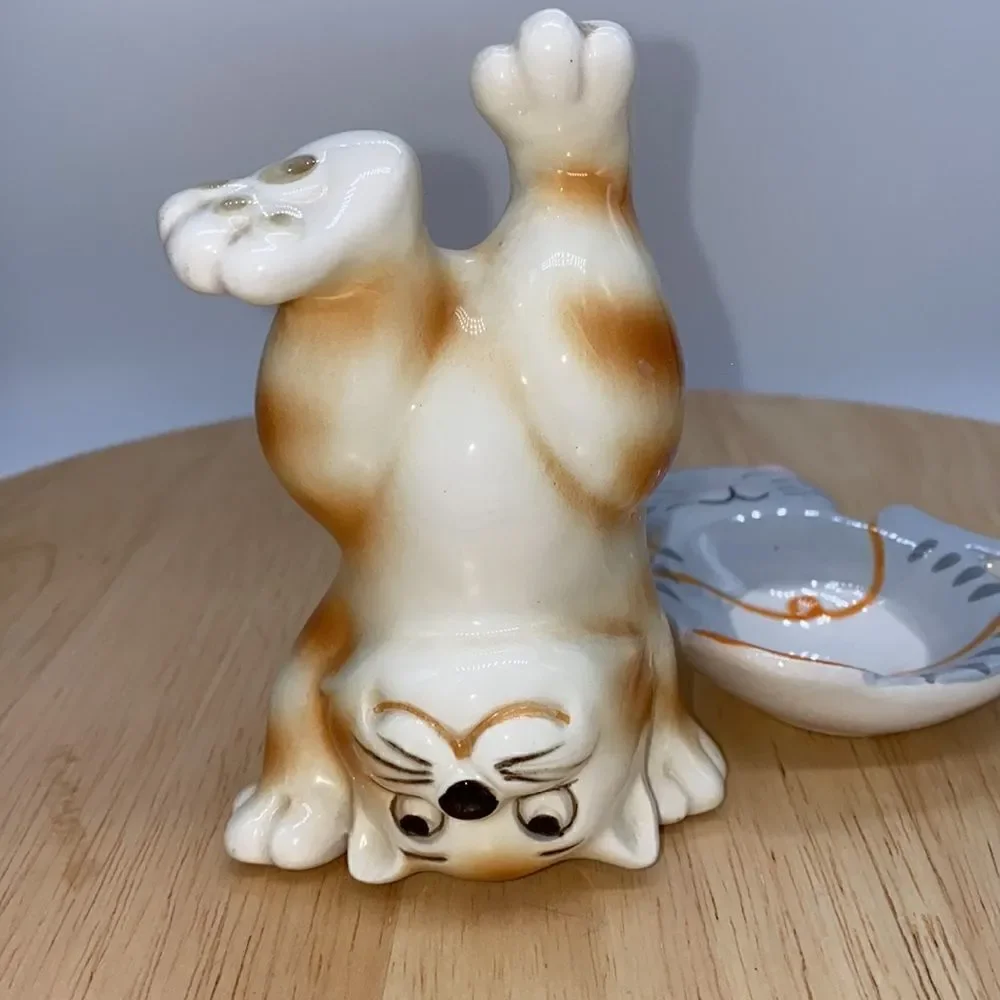 Lot of 2 Whimsical Ceramic Kitties 1 Tumbling Figurine and 1 Trinket Dish